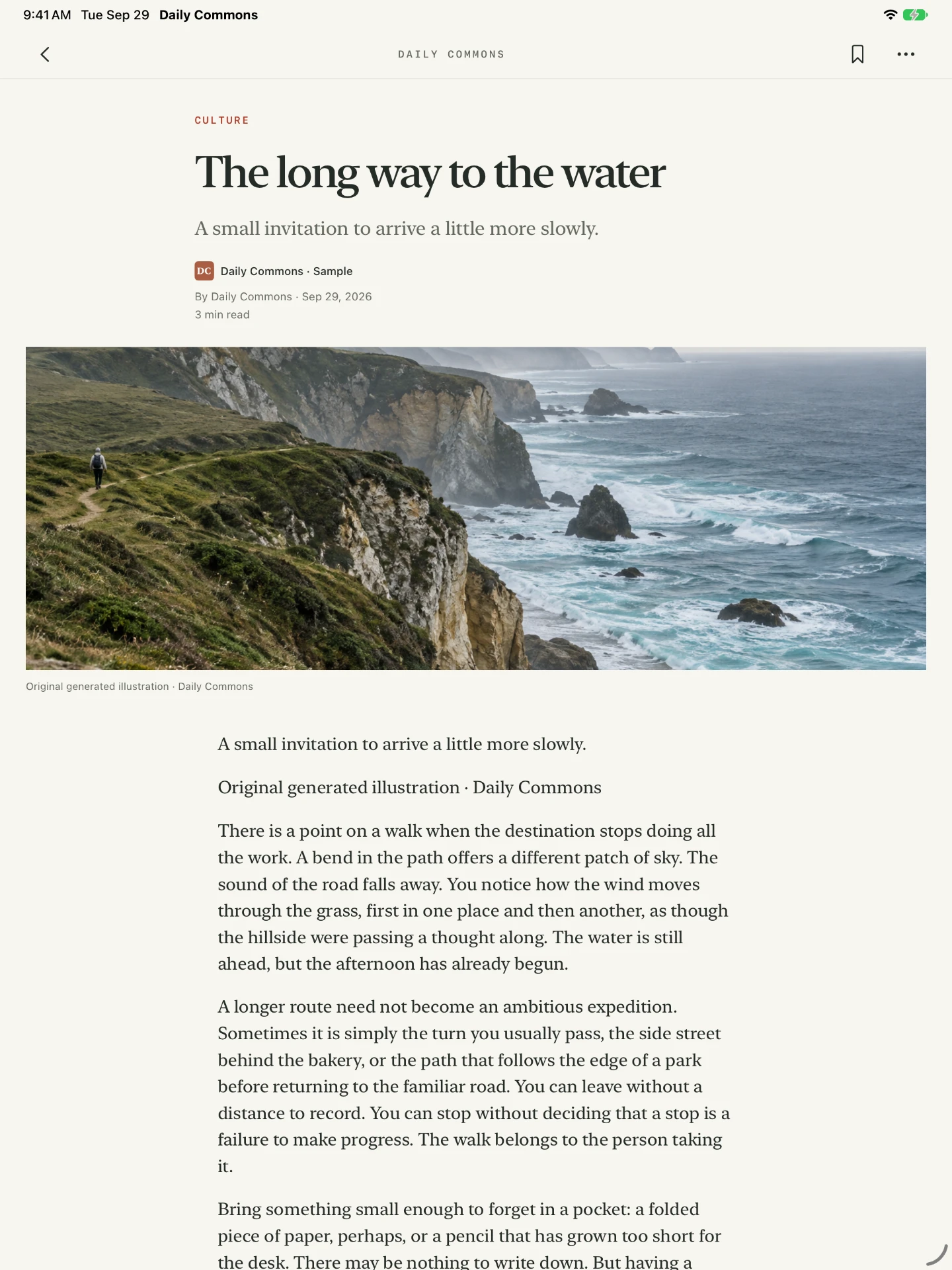 A story open in the Daily Commons reader on iPad